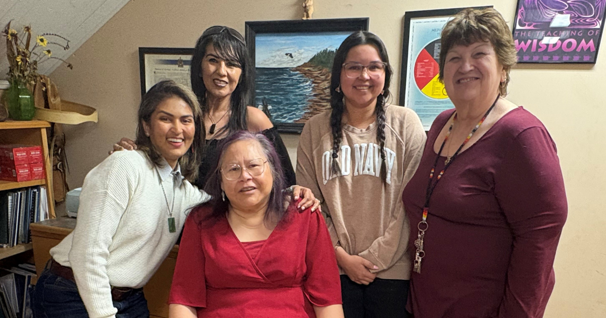 In this photo:(L-R) Sasha Nandlal, Culture and Inclusion Advisory with Holland College, meets with members of the AWAPEI staff & board; Laura Bernard, Executive Director AWAPEI, Pasty Gavin (seated), President of the AWAPEI Board, Alyssa-Jo Bernard, Project Coordinator & MMIWG File holder & Blye Perry, “Breaking Through” Education Project Coordinator.