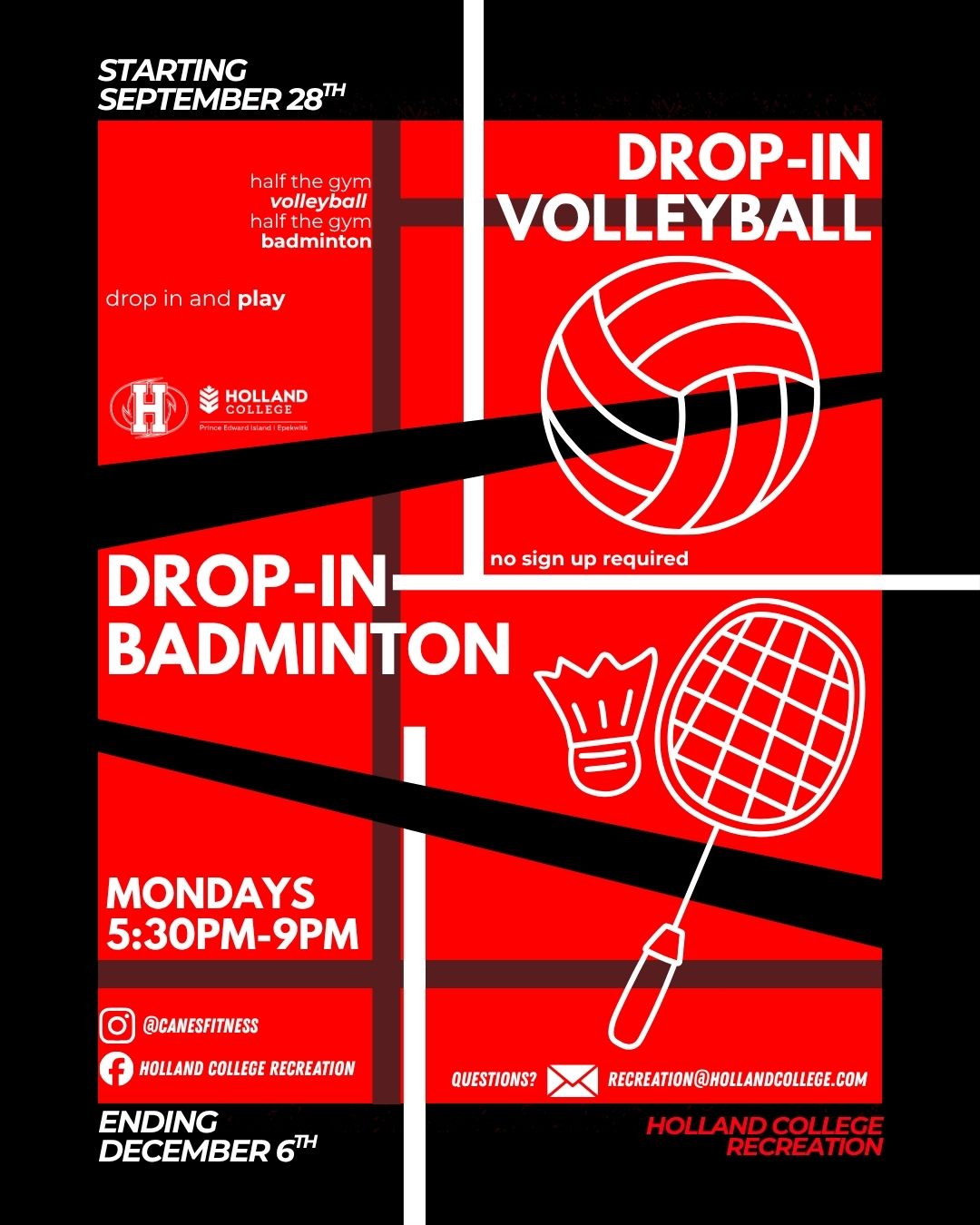 drop-in badminton & volleyball-Mondays 5:30-9pm MCCE