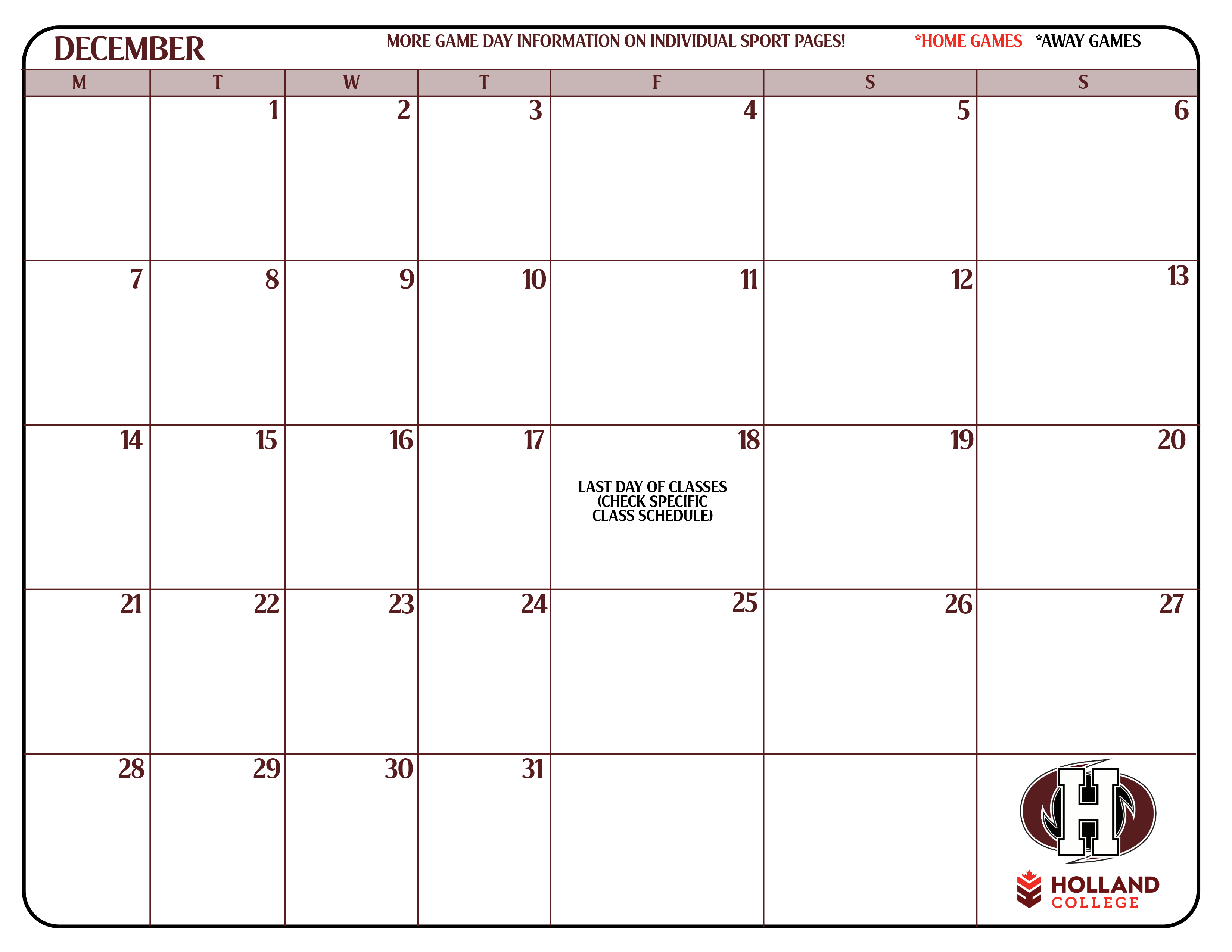 December Schedule