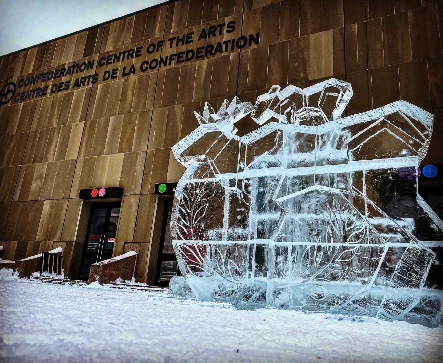 A caribou carved from ice, on display outside the confederation centre of the arts