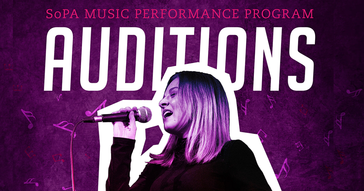 graphic reads Auditions above a cutout image of a student vocalist singing into a microphone